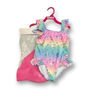Bmagical by Btween Unicorn Rainbow Ruffle One Piece Swimsuit Sun Hat NWT